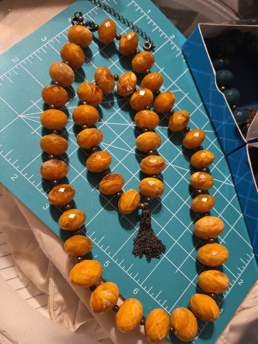 Avon Golden Amber Bead Necklace with Dark Metal Tassel